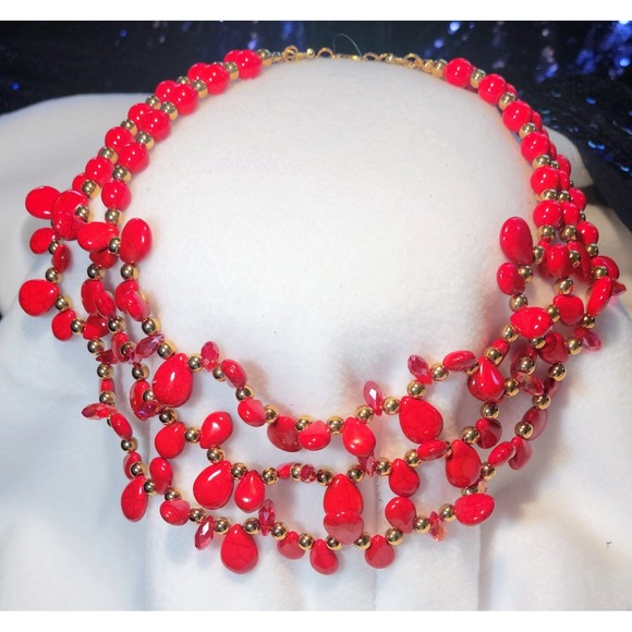 Jewelry - NEW Dazzling Red Gemstone Gold‎ Tone Layered Statement Necklace Women Jewelry